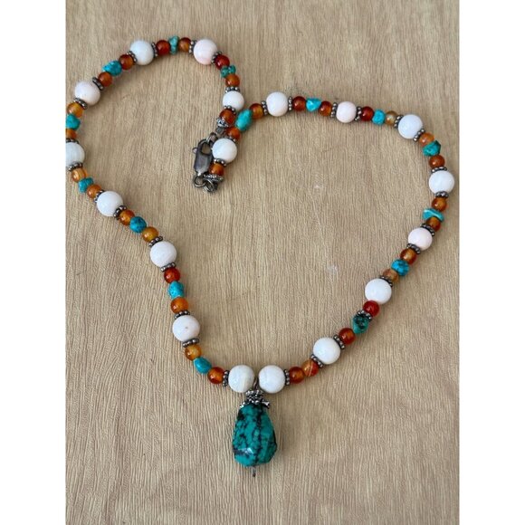 Vintage Long Beaded Necklace With Turquoise Pendant & Tiger Eye Beads - Picture 2 of 11